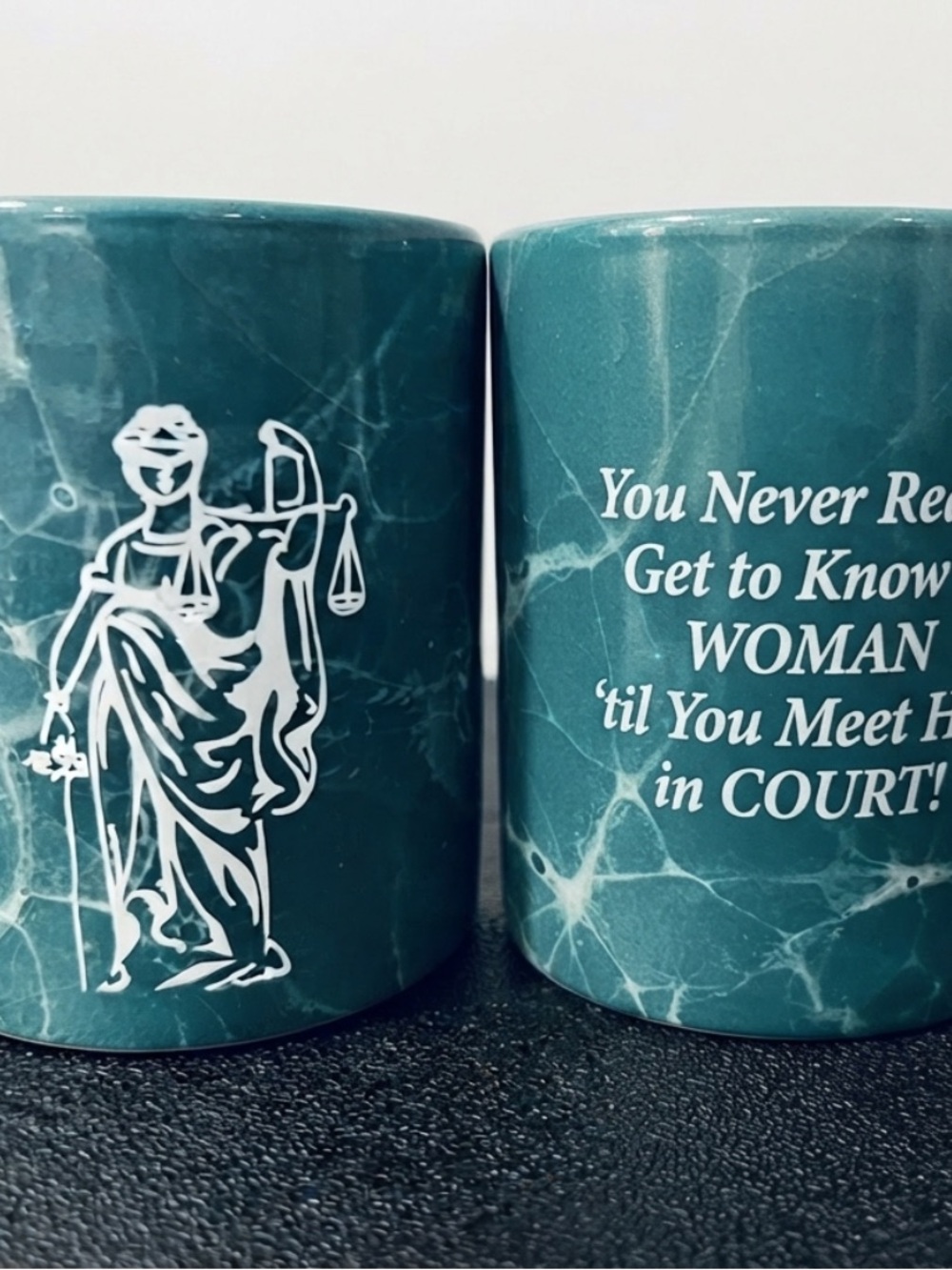 Emerald Green Marble Ceramic Mug with Bold Quote - woman in court.